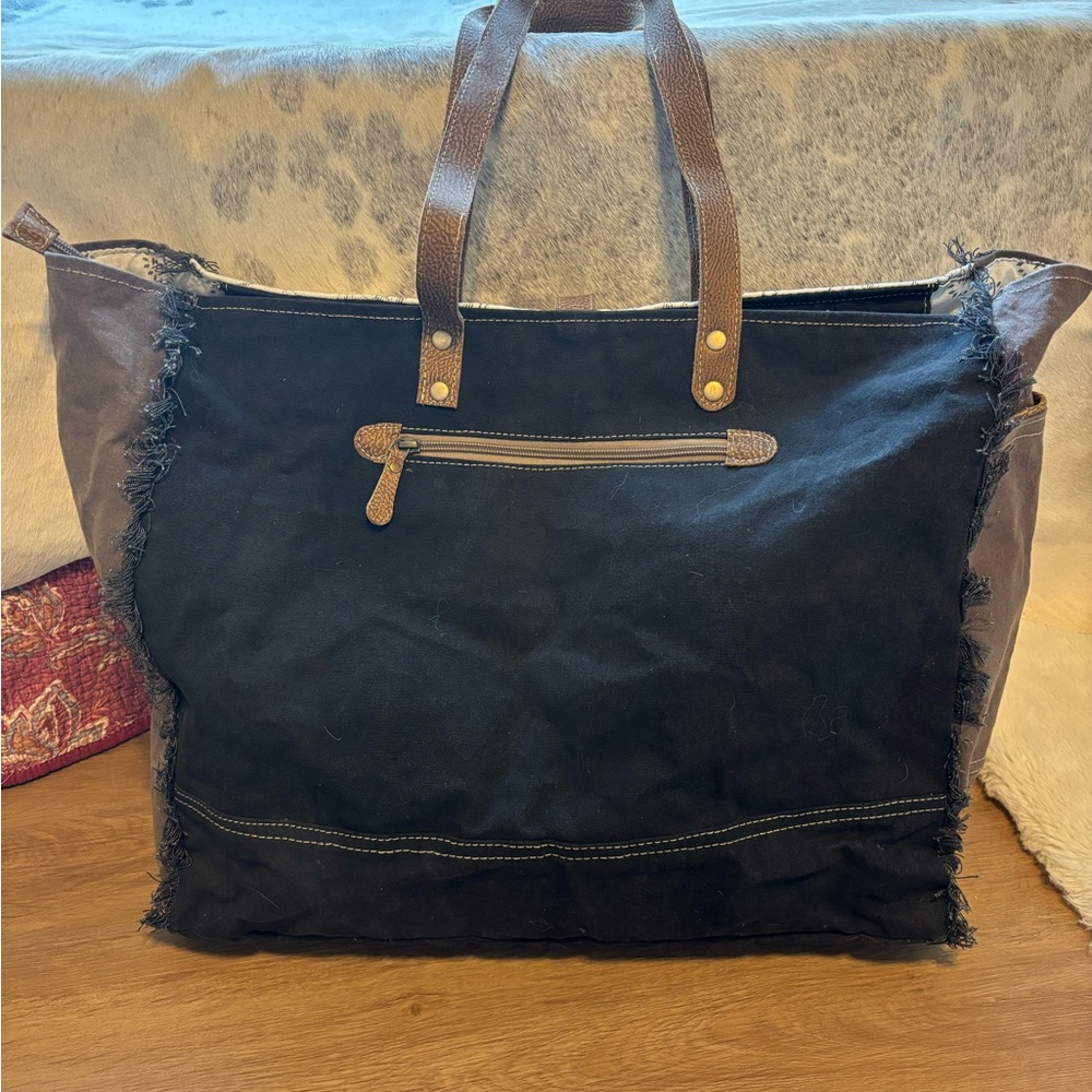 Myra Bag Floral Canvas & Leather Tote with Cowhide accent - Picture 3 of 5